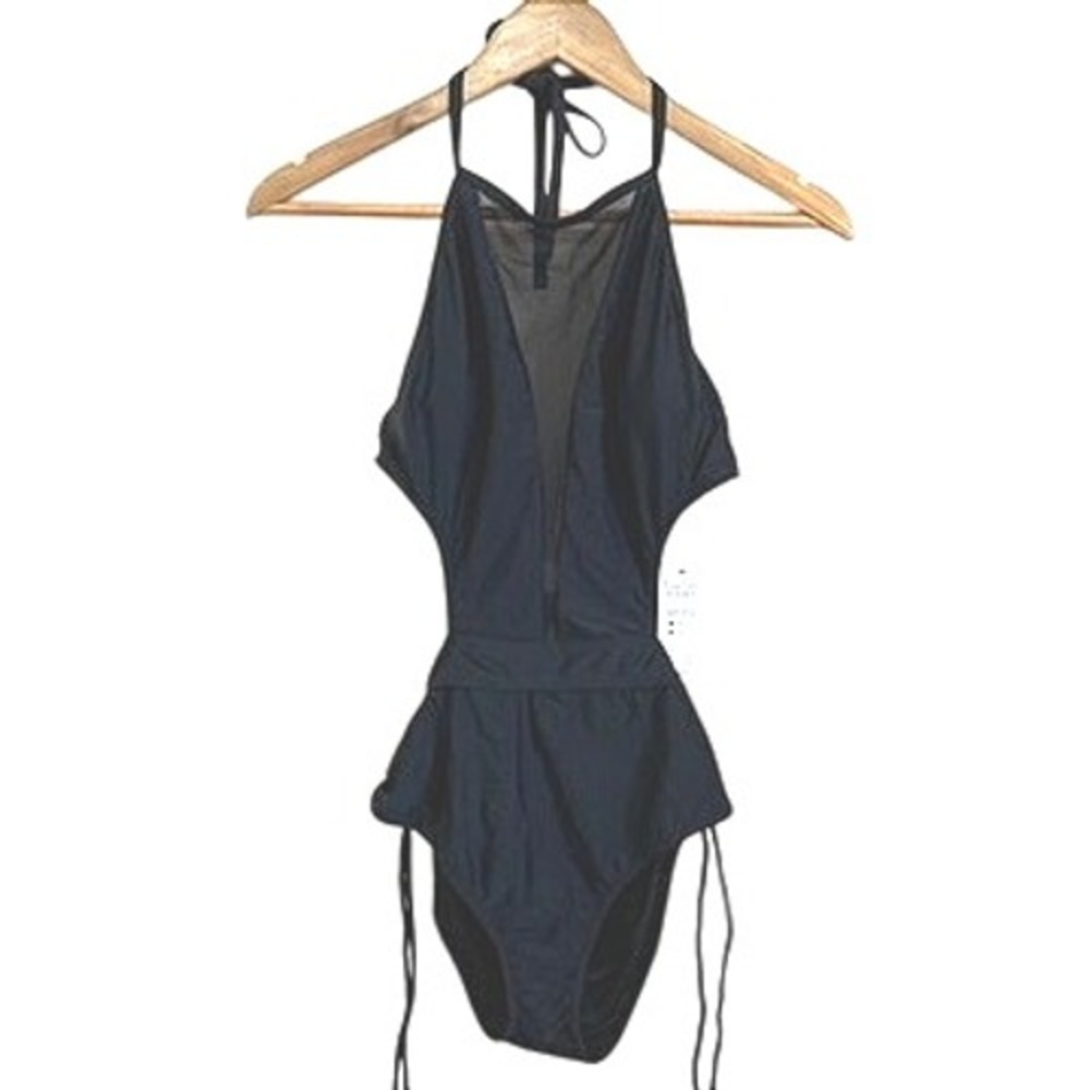 Black Halter Neck Swimsuit M One Piece Open Side Peplum Swimwear Bathing Suit‎